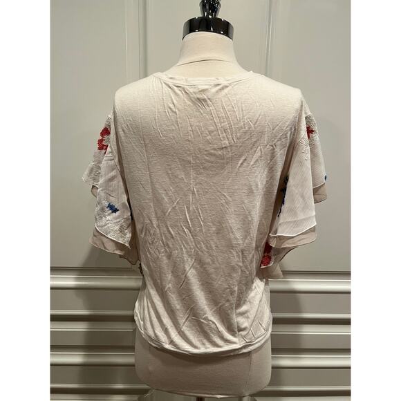 TINY from Anthropologie flutter sleeve embroidered floral cream top XS A582 - Picture 2 of 8
